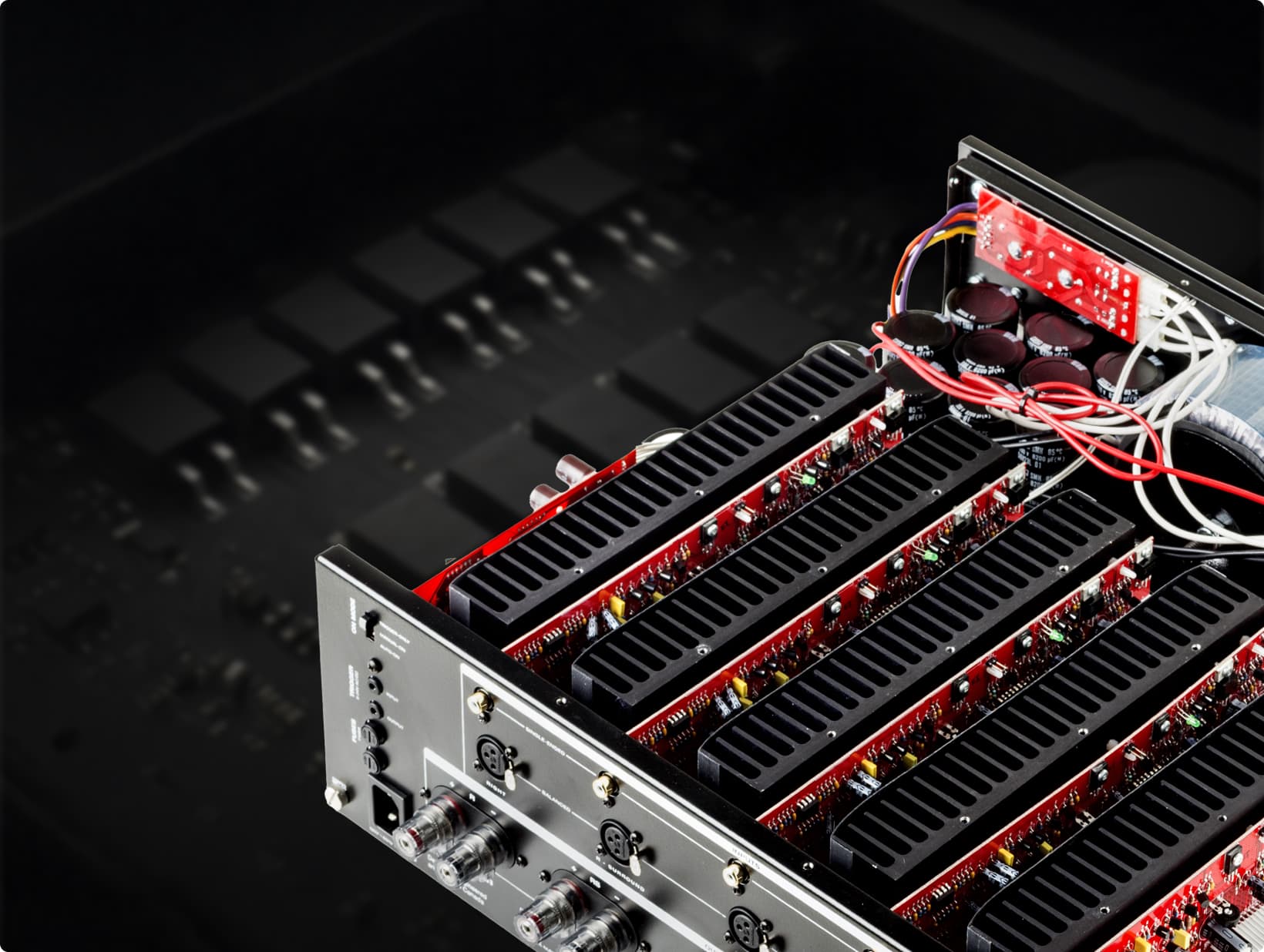 Close-up of MCA 525 Gen 2 internals with serviceable amplifier boards visible