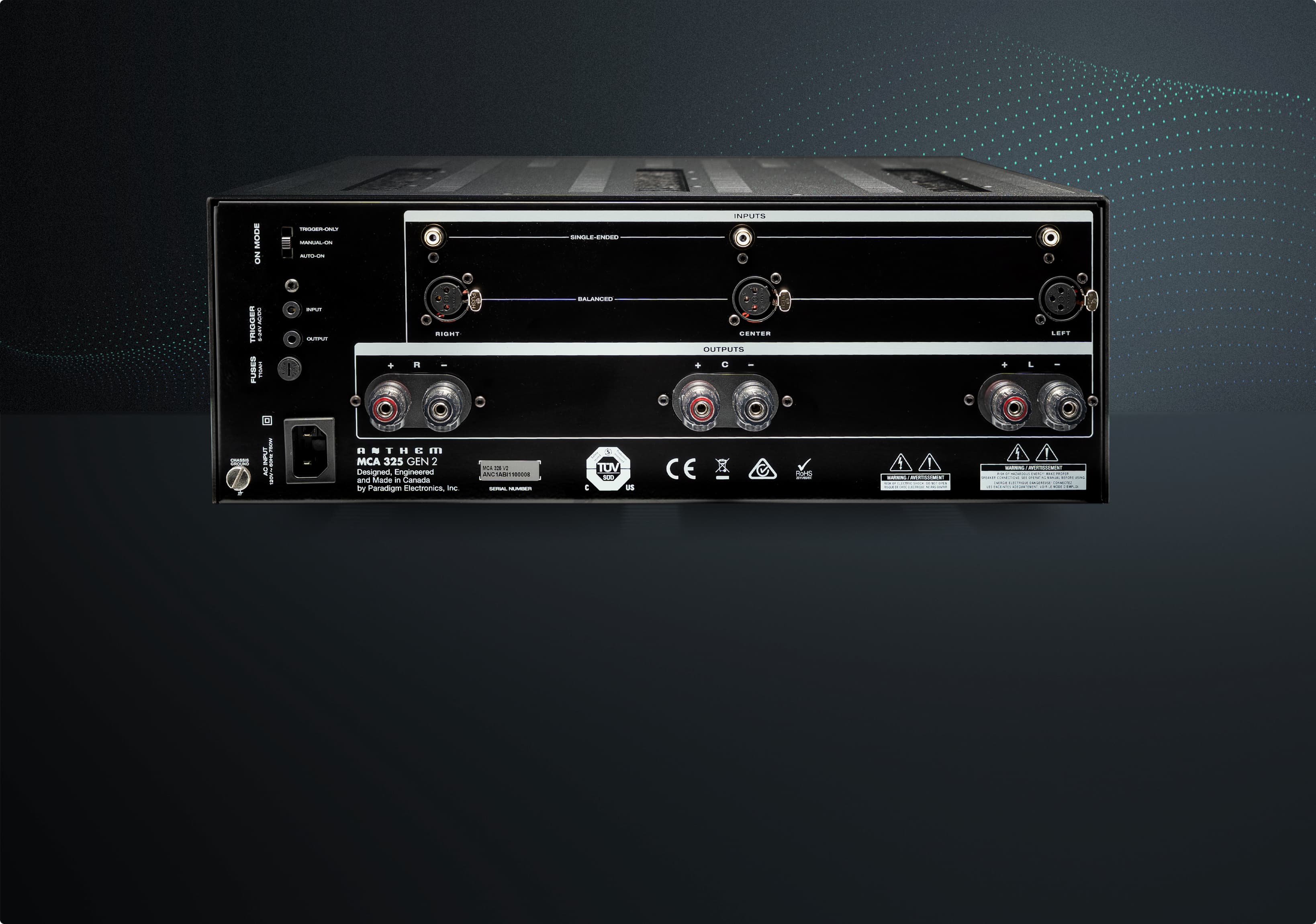 Rear view of MCA 325 Gen 2 amplifier displaying connectivity options