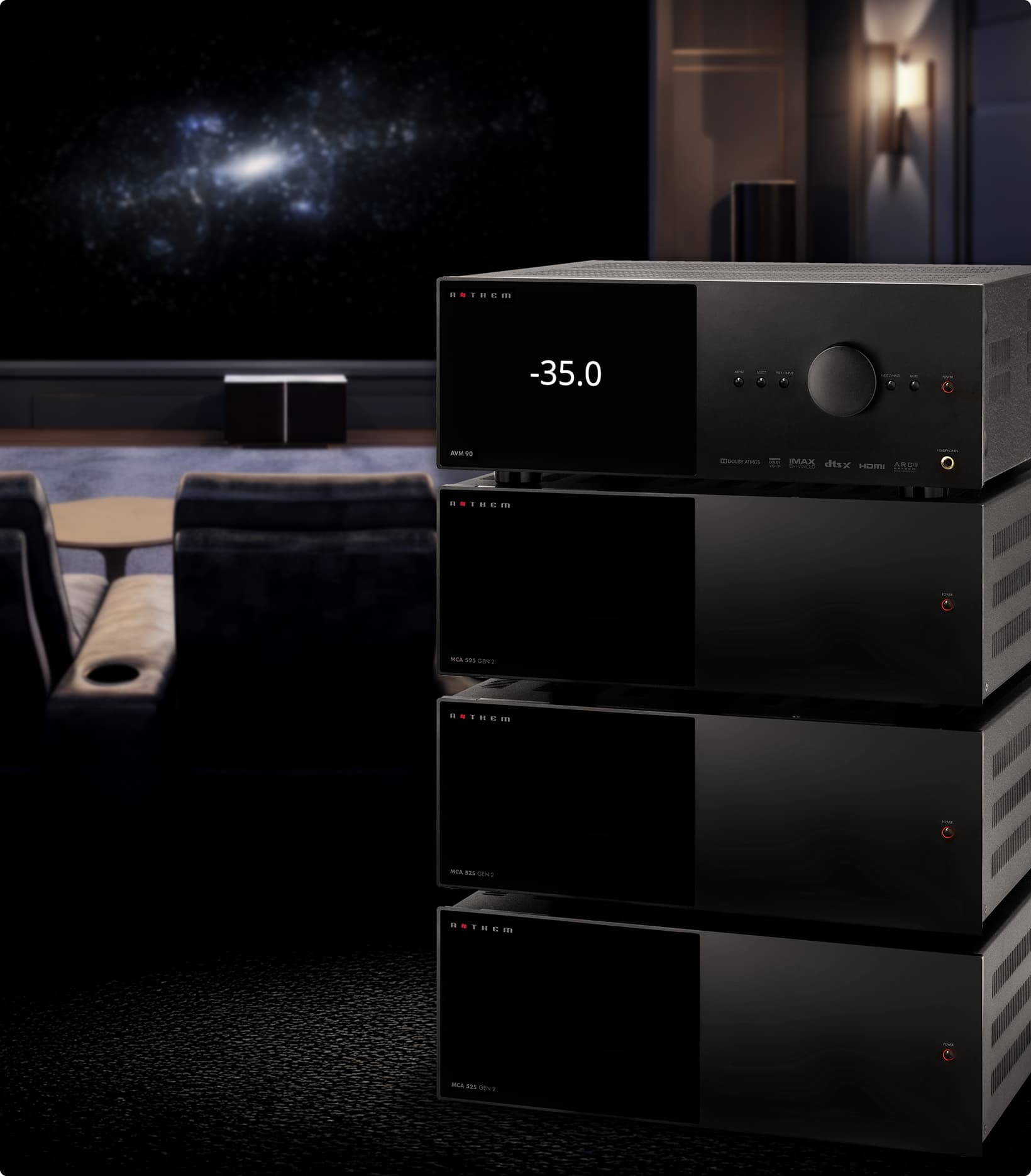 AVM 90 and MCA 525 amplifier stack in dedicated home theater environment