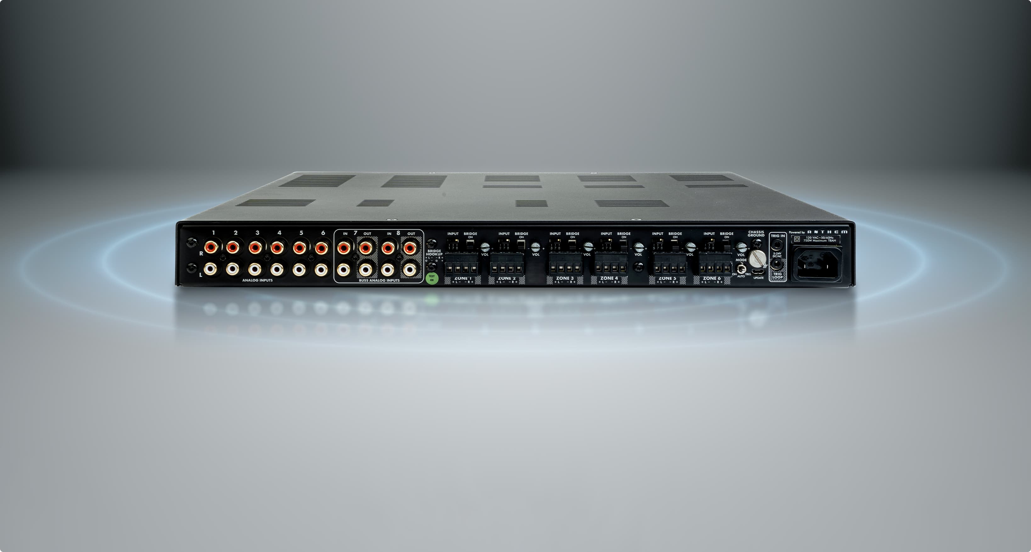 Anthem MDX-16 front panel view and LEDs, black finish