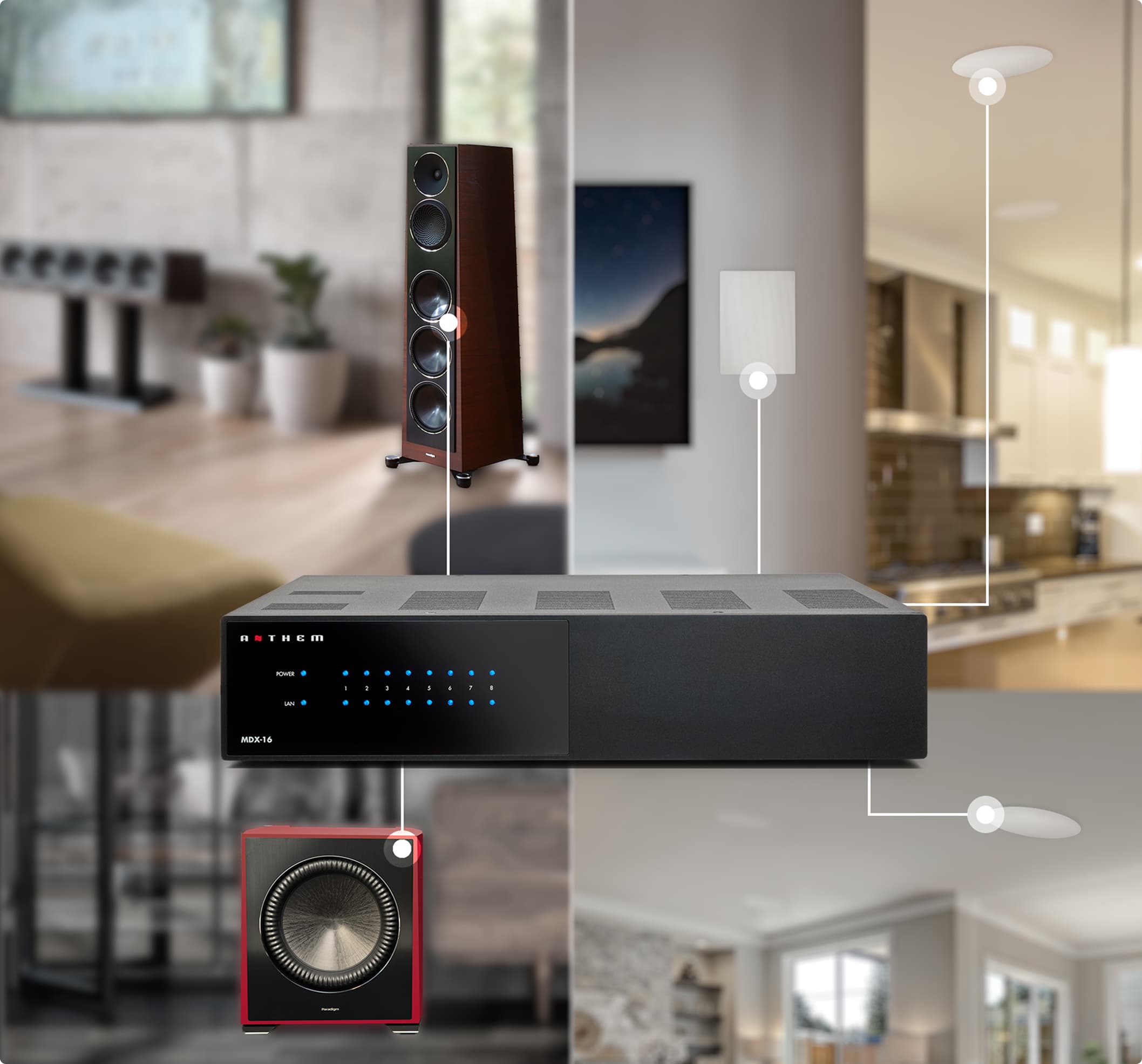 Illustration showing independent subwoofer control across multiple home zones