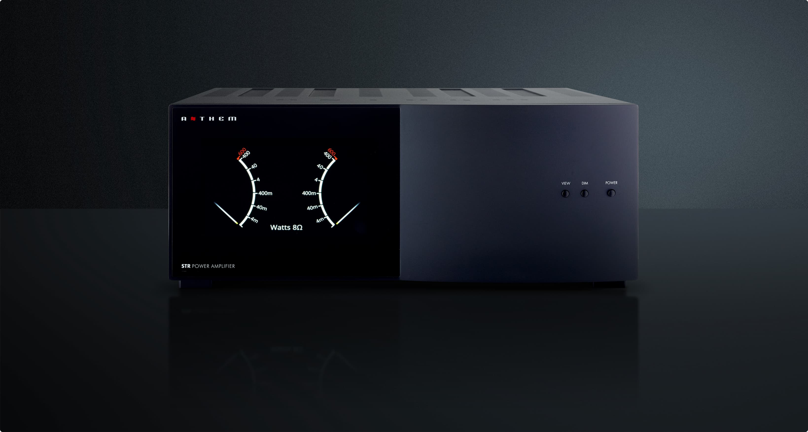 Anthem STR Amplifier front panel view and control buttons, black finish