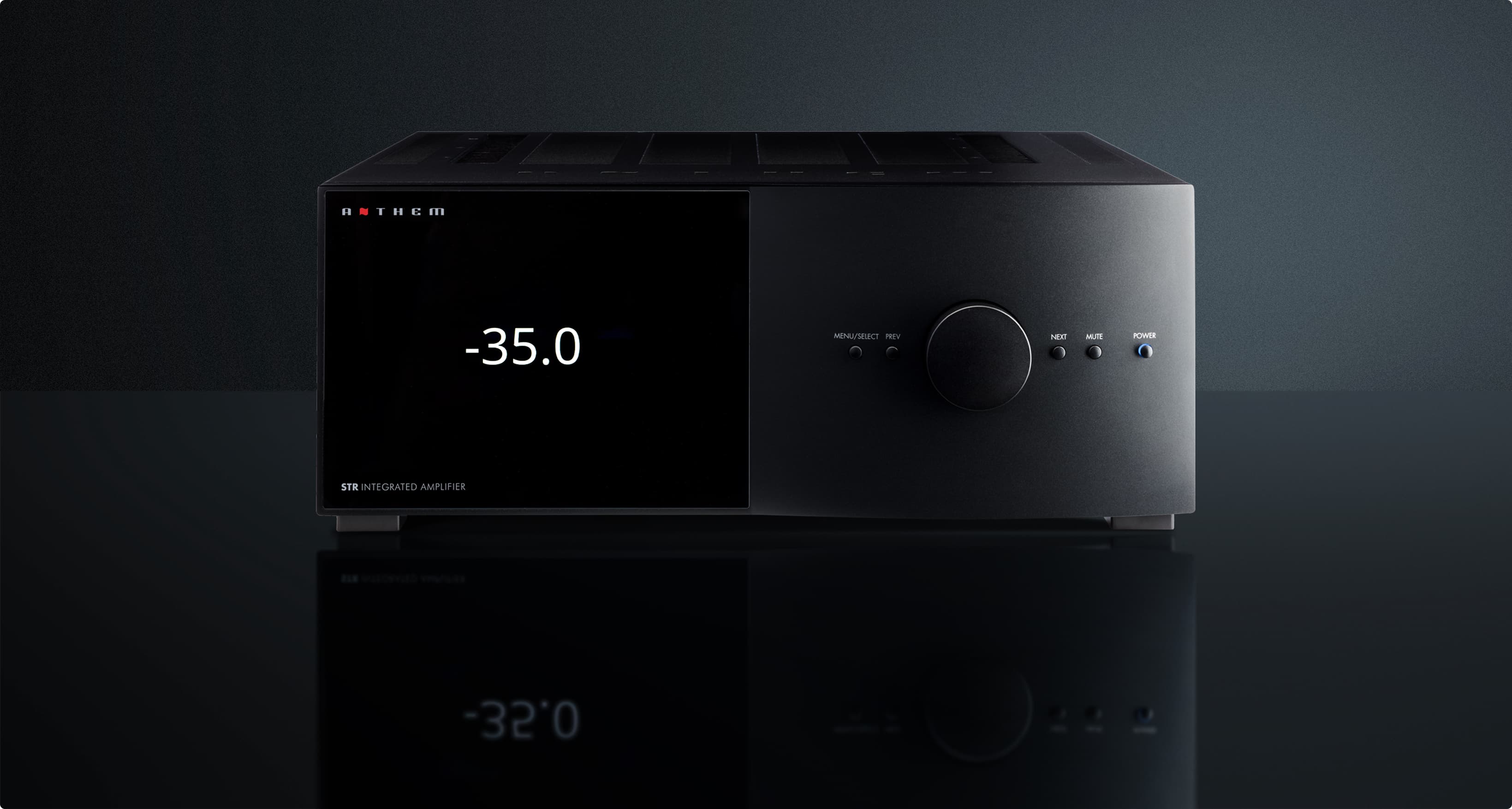 Anthem STR Integrated front panel view and control buttons, black finish