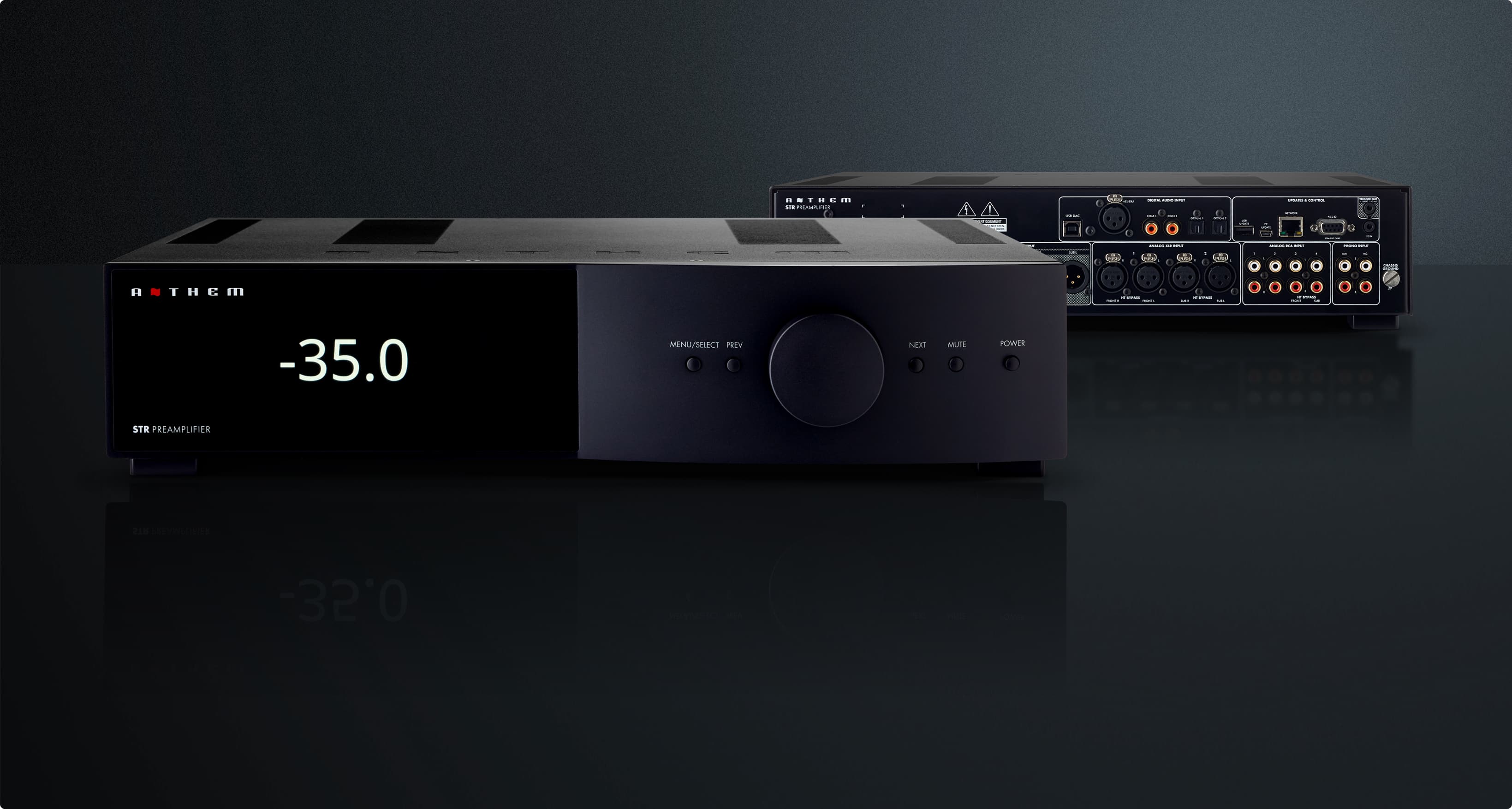 Anthem STR Preamplifier front panel view and control buttons, black finish