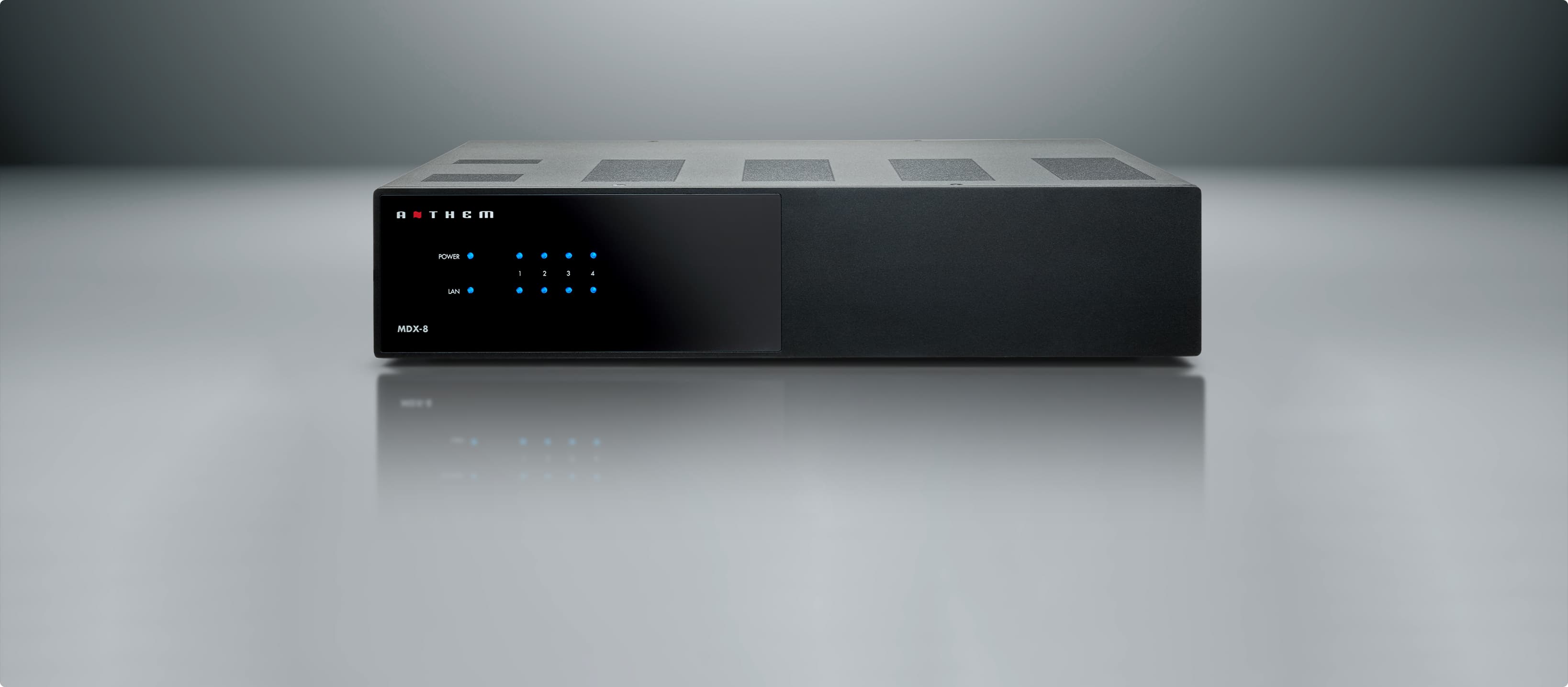 Anthem MDX-16 front panel view and LEDs, black finish