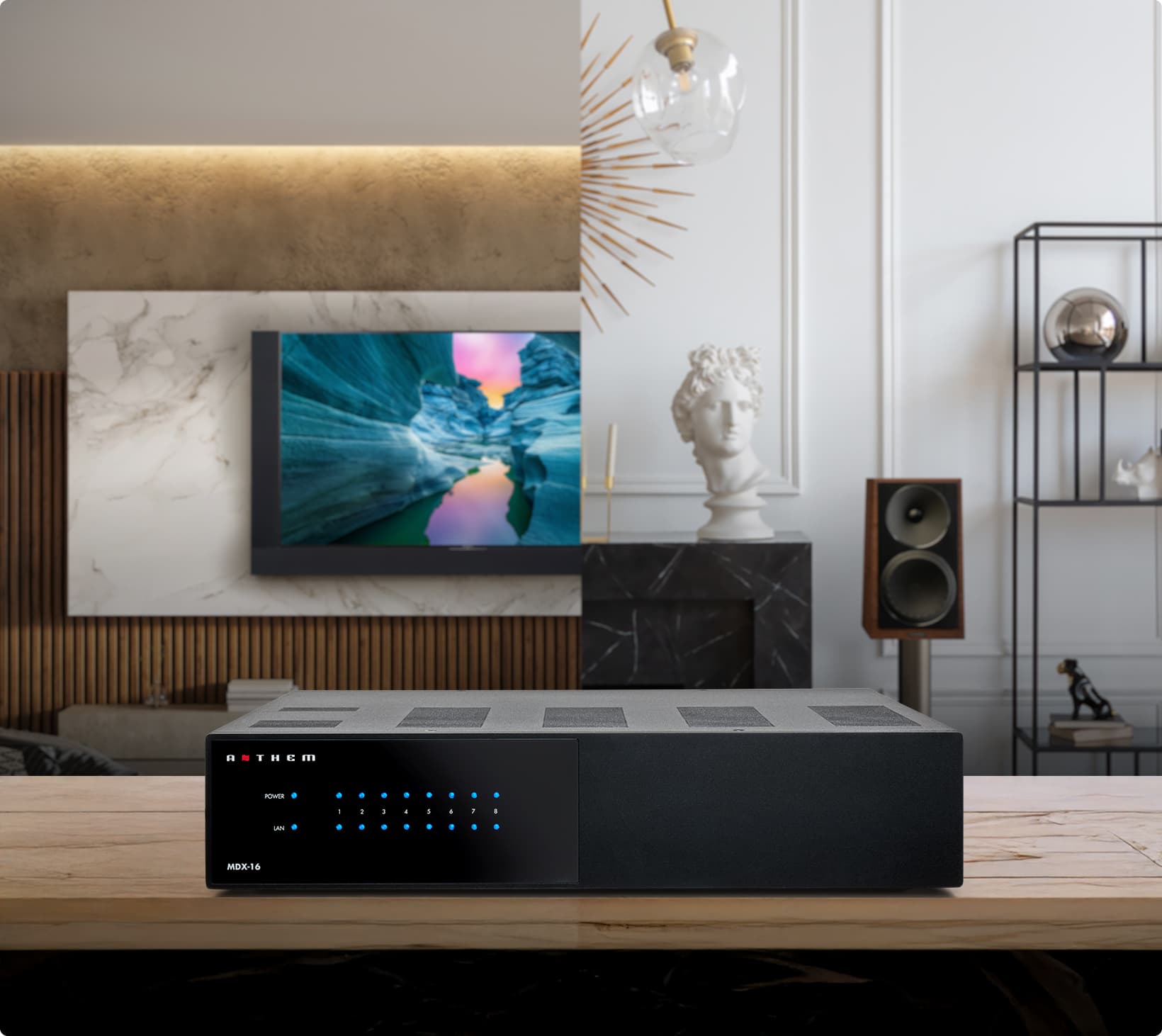 MDX-16 amplifier front panel displayed with home interior backdrop